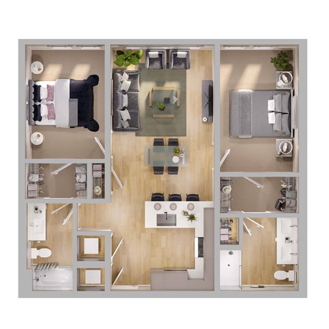 Floor plan for 2 beds, 2 baths, 1054 sqft