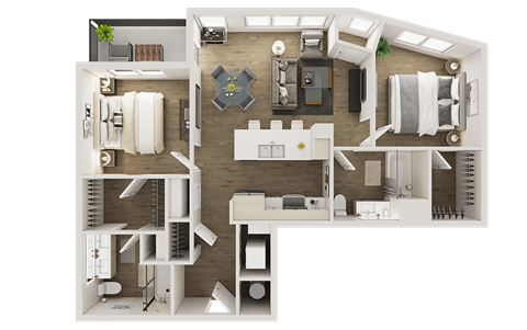 Floor plan for 2 beds, 2 baths, 1033 sqft