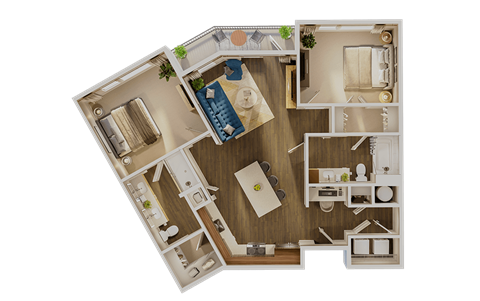Floor plan for 2 beds, 2 baths, 1063 sqft