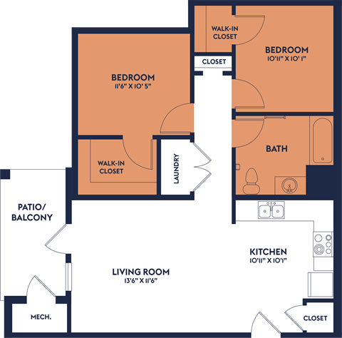 Floor plan for 2 beds, 1 bath, 881 sqft