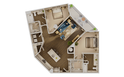 Floor plan for 2 beds, 2 baths, 1319 sqft