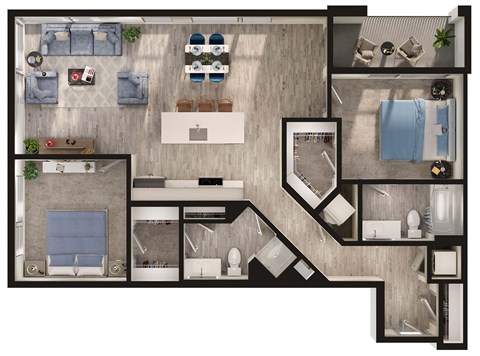 Floor plan for 2 beds, 2 baths, 1206 sqft