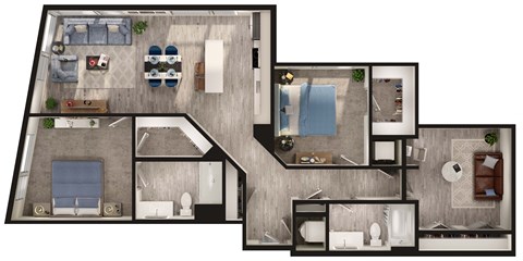 Floor plan for 2 beds, 2 baths, 1304 sqft