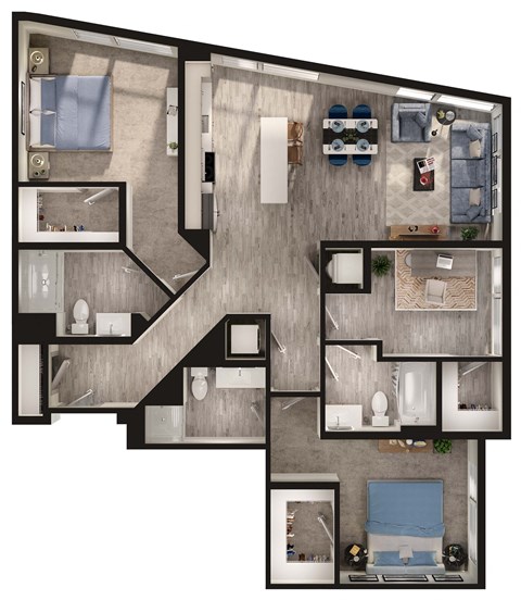 Floor plan for 2 beds, 3 baths, 1378 sqft