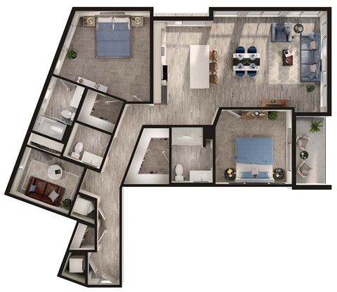 Floor plan for 2 beds, 2.5 baths, 1405 sqft