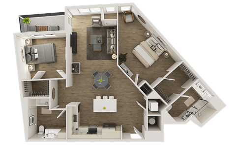 Floor plan for 2 beds, 2 baths, 1231 sqft