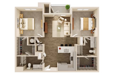 Floor plan for 2 beds, 2 baths, 1064 sqft