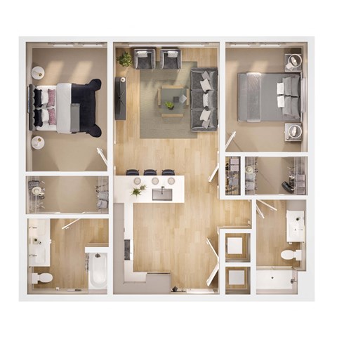 Floor plan for 2 beds, 2 baths, 1054 sqft