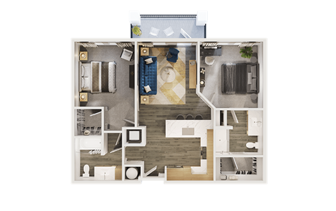 Floor plan for 2 beds, 2 baths, 1049 sqft
