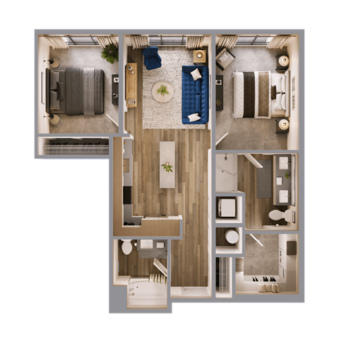 Floor plan for 2 beds, 2 baths, 952 sqft