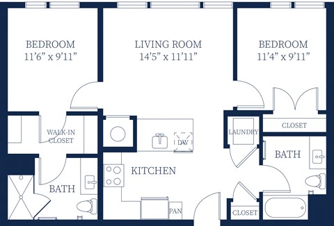 Floor plan for 2 beds, 2 baths, 928 sqft