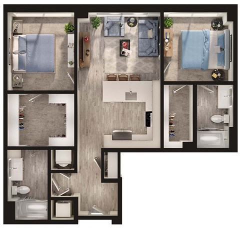 Floor plan for 2 beds, 2 baths, 943 sqft