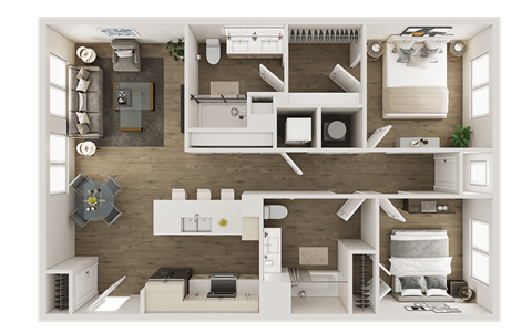Floor plan for 2 beds, 2 baths, 1037 sqft