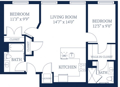 Floor plan for 2 beds, 2 baths, 951 sqft