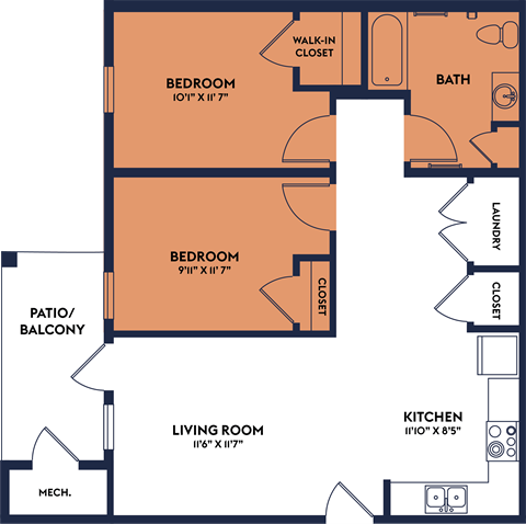 Floor plan for 2 beds, 1 bath, 891 sqft