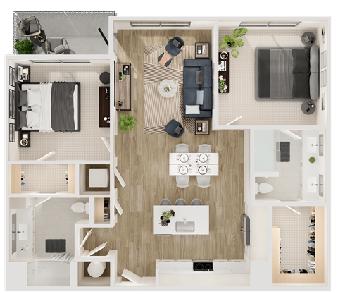 Floor plan for 2 beds, 2 baths, 1161 sqft