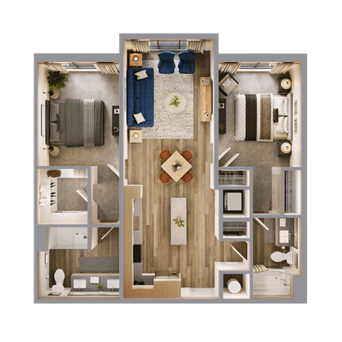 Floor plan for 2 beds, 2 baths, 1023 sqft