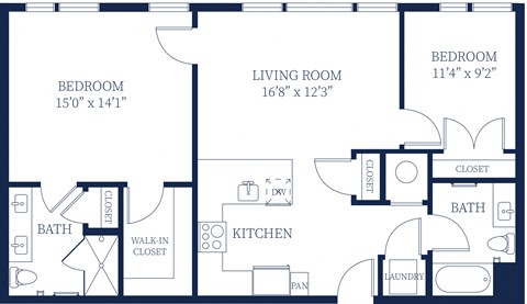 Floor plan for 2 beds, 2 baths, 1054 sqft