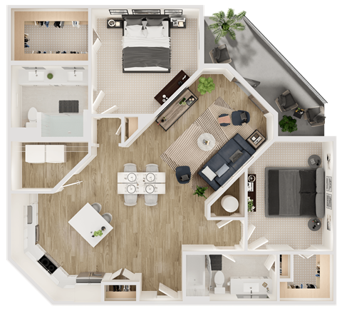 Floor plan for 2 beds, 2 baths, 1217 sqft