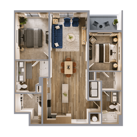 Floor plan for 2 beds, 2 baths, 1127 sqft