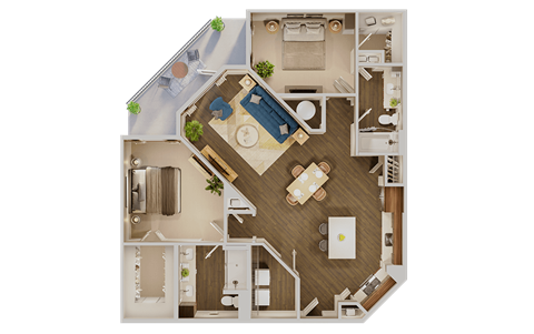Floor plan for 2 beds, 2 baths, 1217 sqft