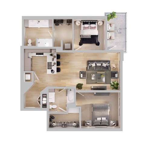 Floor plan for 2 beds, 2 baths, 1119 sqft