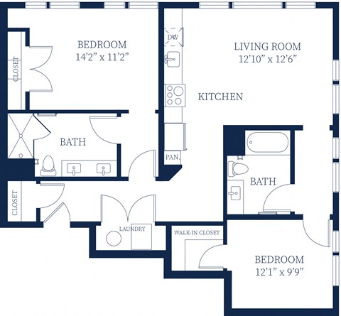 Floor plan for 2 beds, 2 baths, 1083 sqft