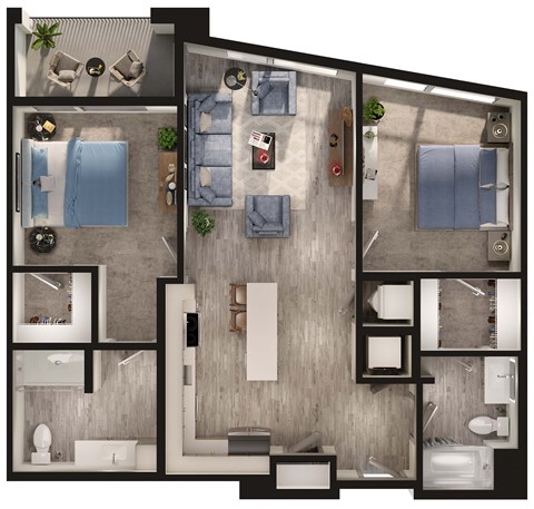 Floor plan for 2 beds, 2 baths, 1035 sqft