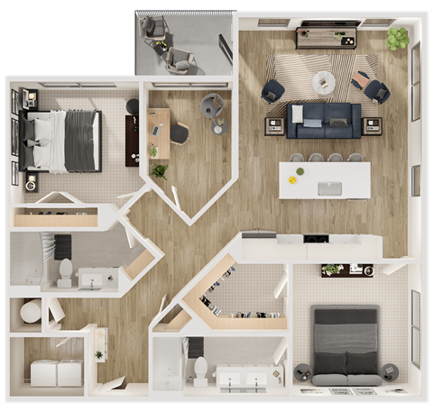 Floor plan for 2 beds, 2 baths, 1308 sqft