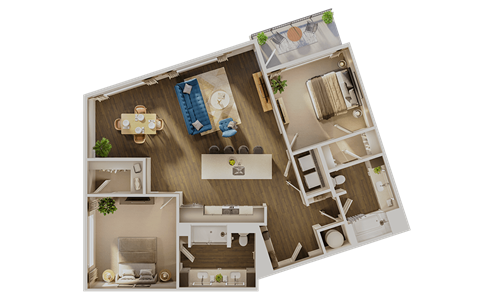 Floor plan for 2 beds, 2 baths, 1257 sqft
