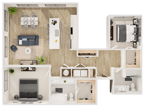 Floor plan for 2 beds, 2 baths, 1316 sqft