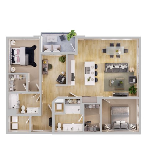 Floor plan for 2 beds, 2 baths, 1284 sqft