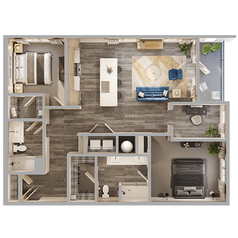 Floor plan for 2 beds, 2 baths, 1275 sqft