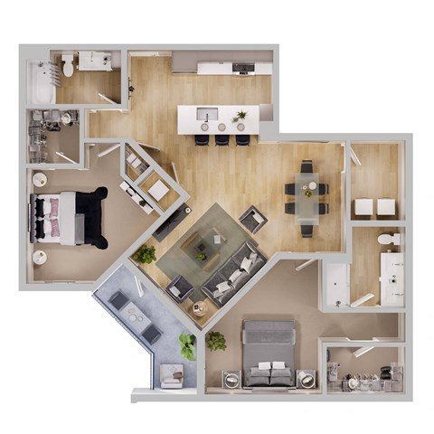 Floor plan for 2 beds, 2 baths, 1302 sqft