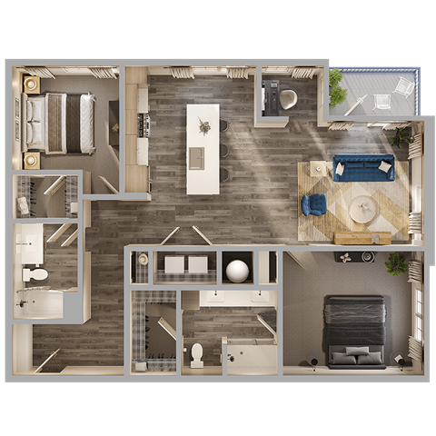 Floor plan for 2 beds, 2 baths, 1289 sqft