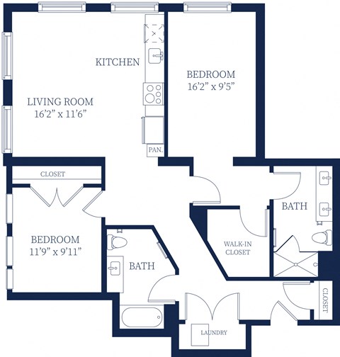 Floor plan for 2 beds, 2 baths, 1153 sqft