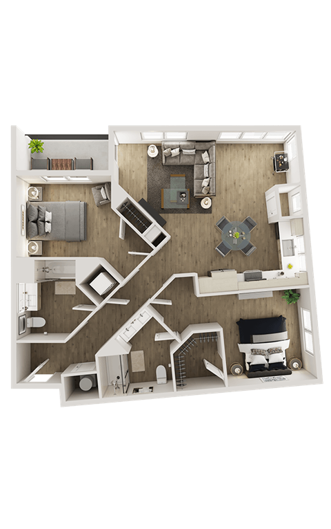 Floor plan for 2 beds, 2 baths, 1117 sqft