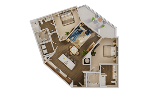 Floor plan for 2 beds, 2 baths, 1267 sqft