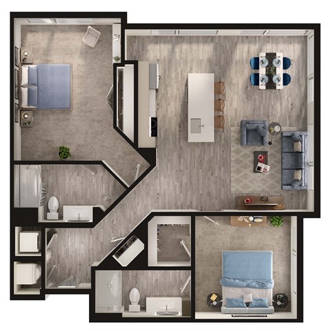 Floor plan for 2 beds, 2 baths, 1155 sqft
