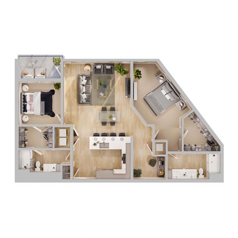 Floor plan for 2 beds, 2 baths, 1368 sqft