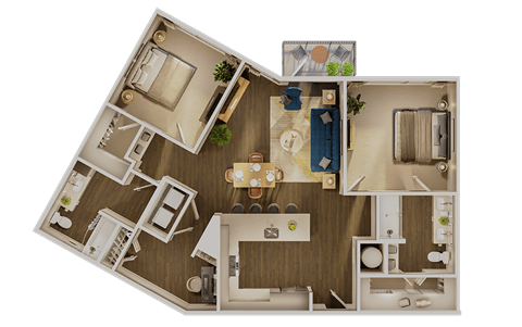 Floor plan for 2 beds, 2 baths, 1297 sqft