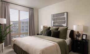 Hyattsville apartment for rent - A bedroom with a large bed and a plant on the side table.