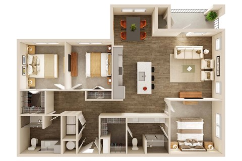 Floor plan for 3 beds, 2 baths, 1398 sqft