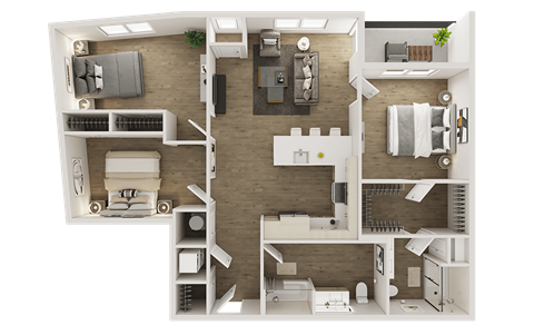 Floor plan for 3 beds, 2 baths, 1258 sqft