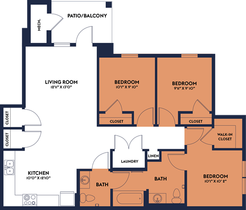 Floor plan for 3 beds, 2 baths, 1131 sqft
