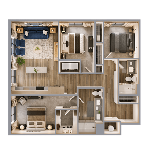 Floor plan for 3 beds, 2 baths, 1254 sqft