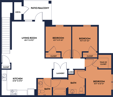 Floor plan for 3 beds, 2 baths, 1209 sqft