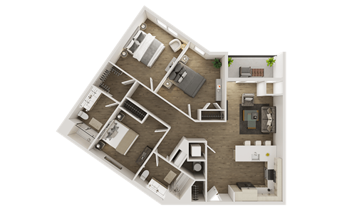 Floor plan for 3 beds, 2 baths, 1277 sqft