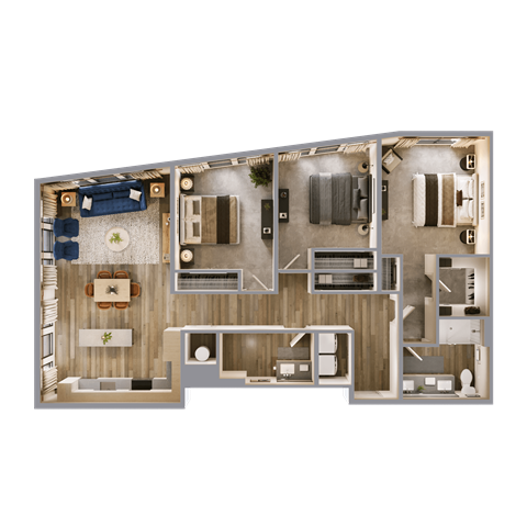 Floor plan for 3 beds, 3 baths, 1380 sqft