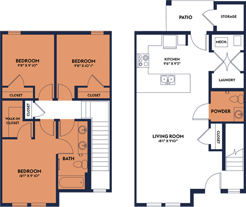 Floor plan for 3 beds, 2 baths, 1278 sqft